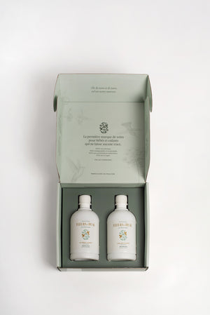 Coffret Petit Secret de Colibri ouvert, contenant deux soins naturels pour bébé.